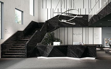 Стойка ресепшн из полноформатной керамики Infinity Nero Marquina